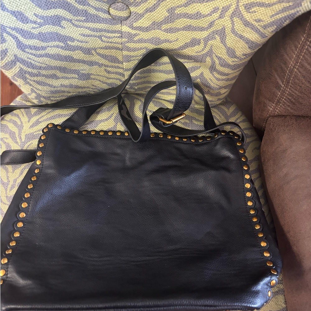 Black Leather Tote Bag with Gold Studs